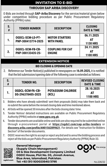 Oil & Gas Development Company Limited Islamabad Tender Notice